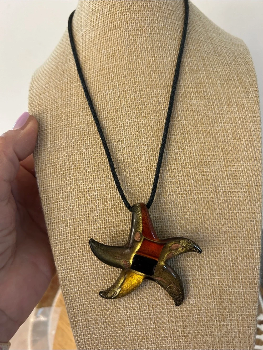 Glass starfish Pendant Necklace - Black Cord gold black orange